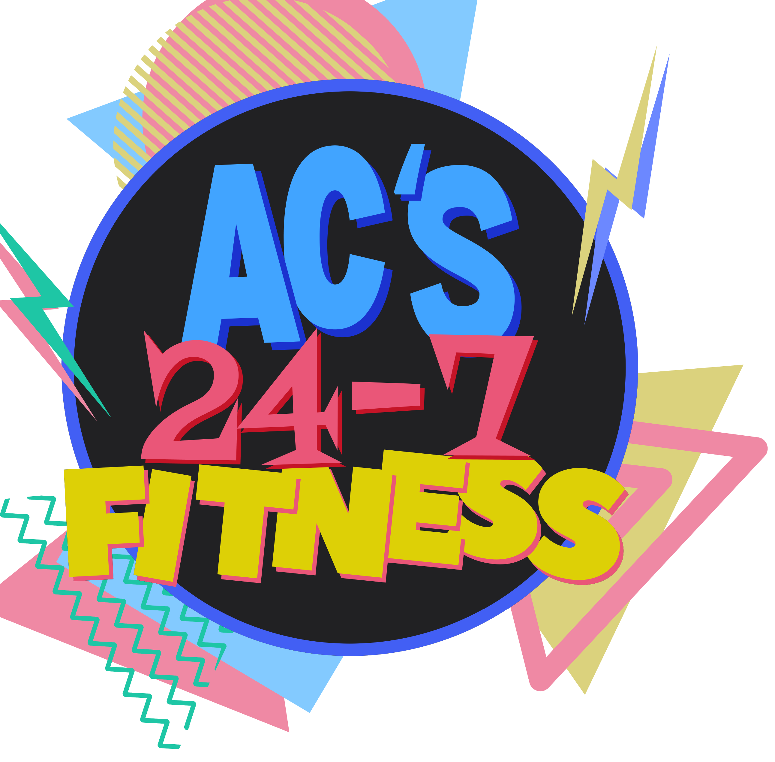 AC's 24/7 Fitness circle logo with retro shapes behind it